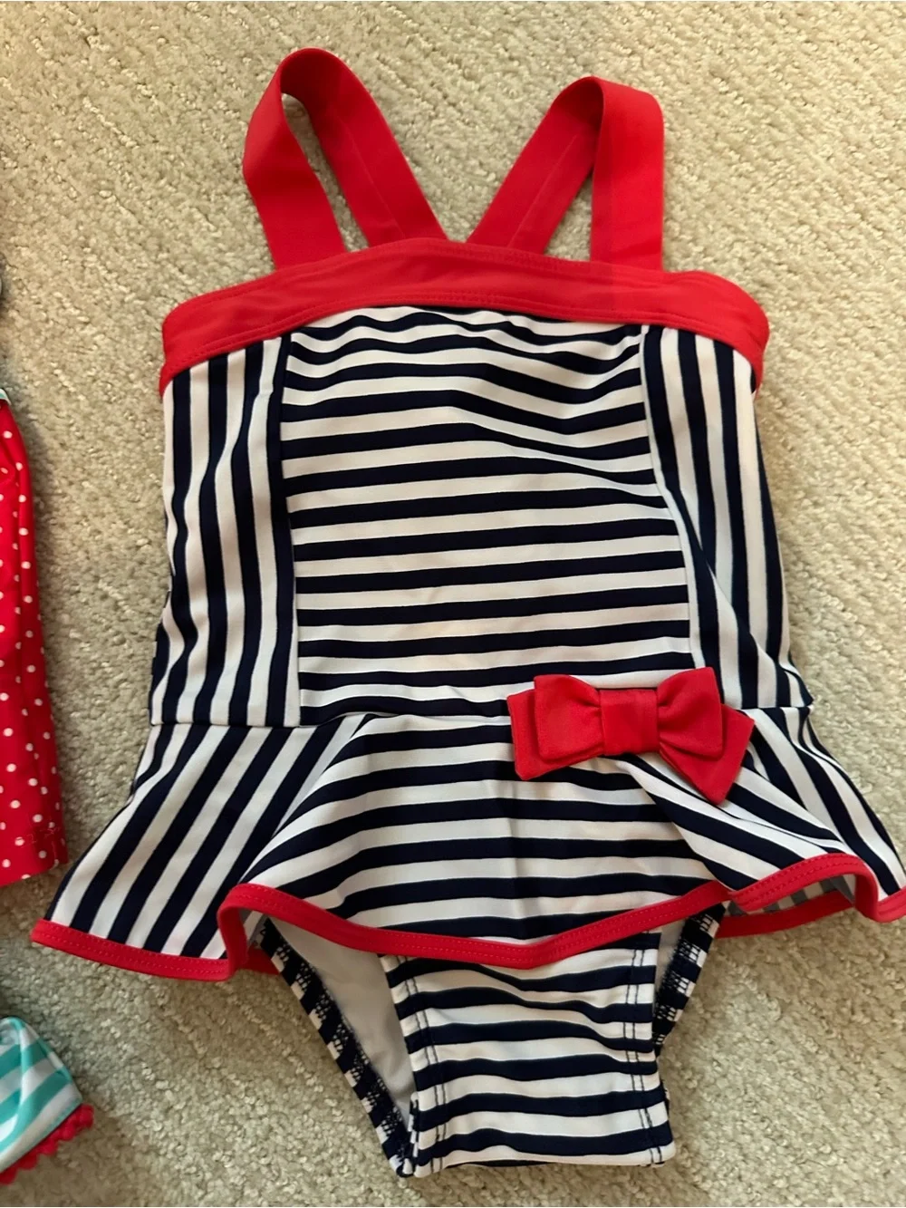 Kids Red Polka Dot Tankini & Navy Stripe Swimsuit Set
